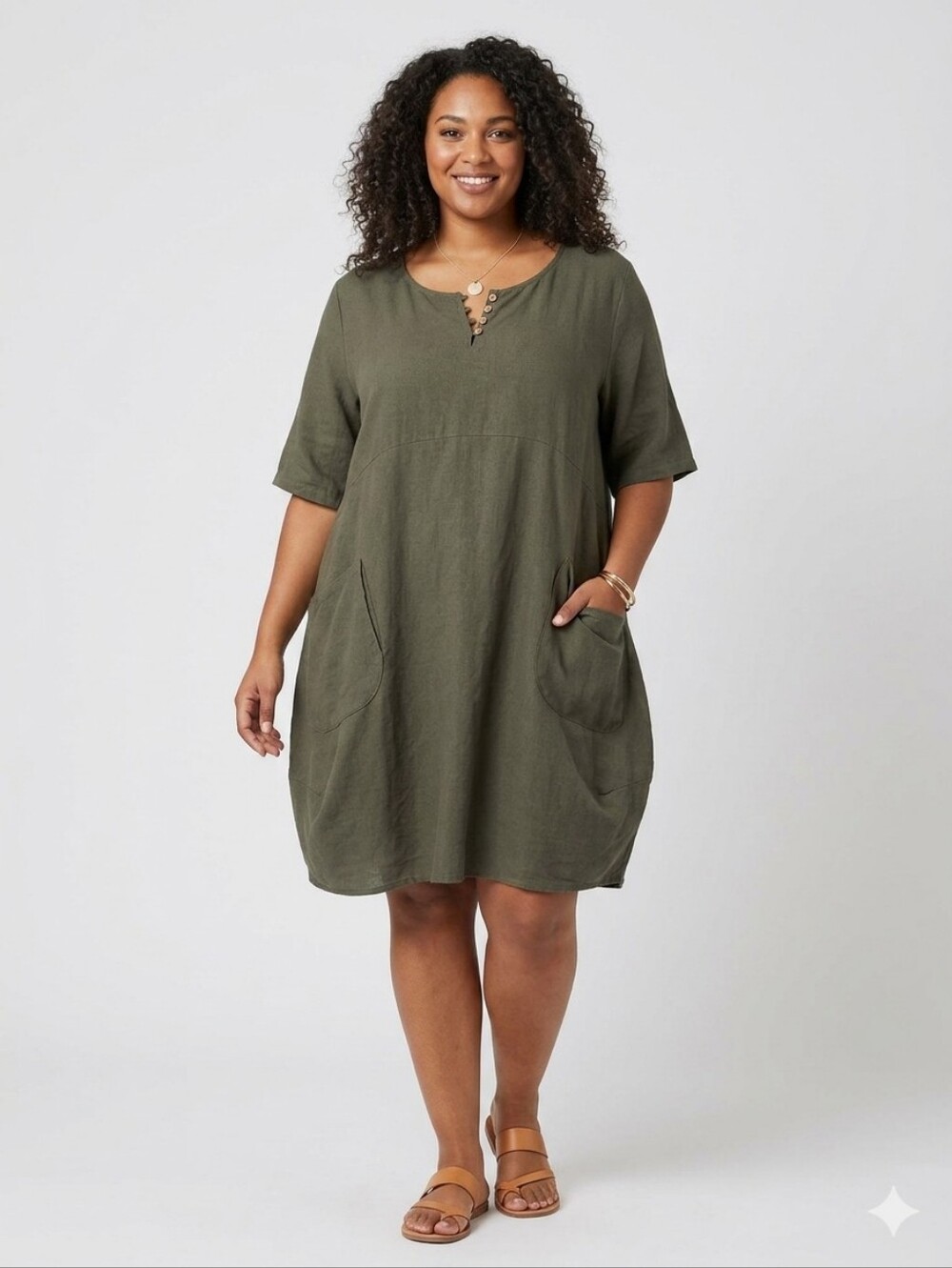 Relaxed Fit Olive Green Pocket Tunic Dress
